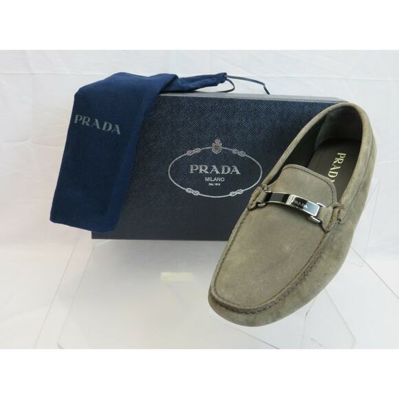 PRADA 2DD159 KHAKI FUMO SUEDE LOGO DRIVING MOCCASINS LOAFERS 8 / US 9 ITALY - Picture 3 of 12